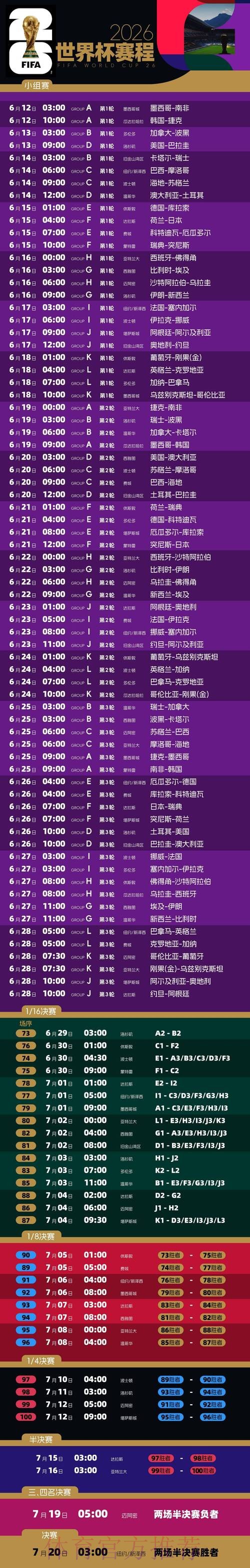 2026世界杯赛程完整版完整安排免费观看